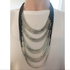Black Leather and Silver Beaded Necklace